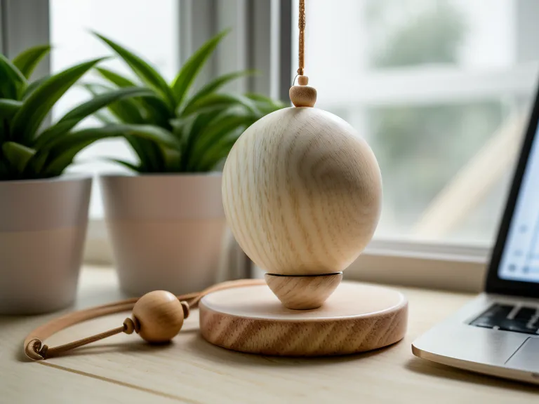Mano sosteniendo un péndulo hebreo de madera de haya con etiquetas de letras hebreas, herramienta de espiritualidad práctica