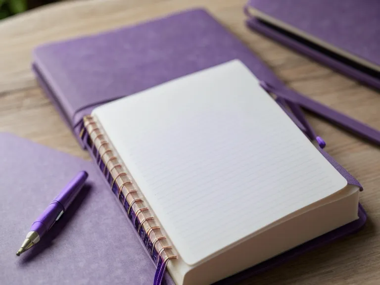 Cuaderno violeta y laptop en una oficina en casa, diario espiritual para registrar la transmutación energética diaria