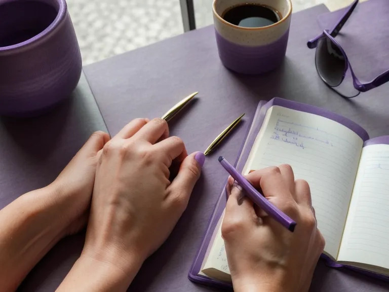 manos escribiendo páginas matutinas de manifestación consciente en un cuaderno violeta de alquimia personal