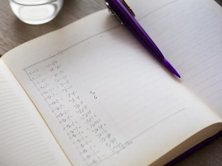 Mano escribiendo el cálculo de numerología energética para los ciclos personales en una libreta violeta
