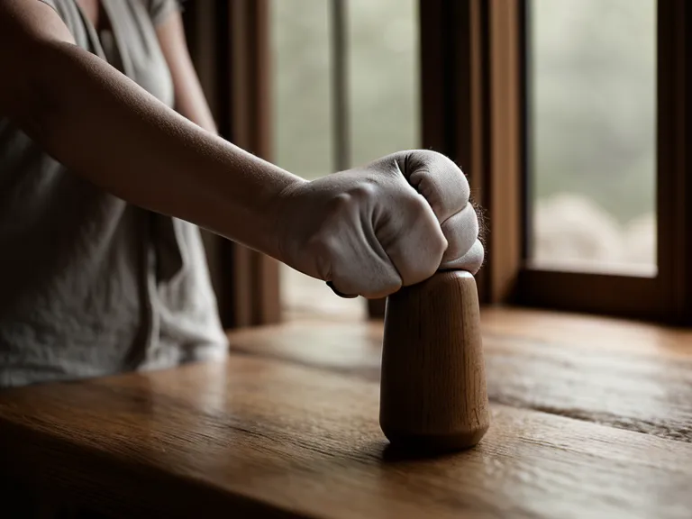 Manos cerradas en puño sobre un escritorio de madera junto a un palo santo, ejercicio de bienestar emocional para soltar tensión antes de seguir trabajando
