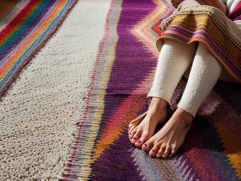 Pies descalzos sobre una alfombra andina tejida bajo un escritorio de trabajo remoto, ejercicio de enraizamiento para recuperar la energía interior