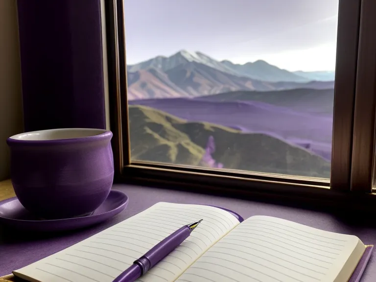 Mano escribiendo en un cuaderno de tapa violeta durante una pausa de limpieza energética diaria, junto a un café
