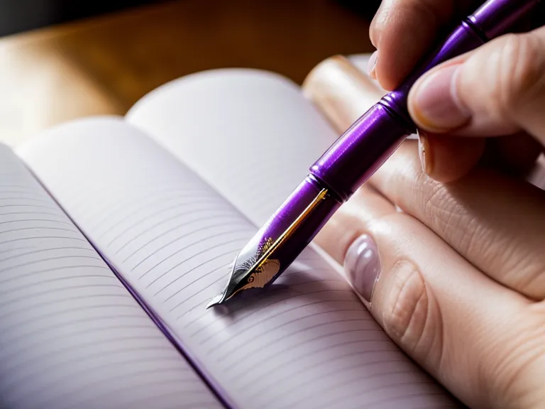 Mano escribiendo en el diario espiritual violeta tras una meditación guiada para bajar el estrés laboral