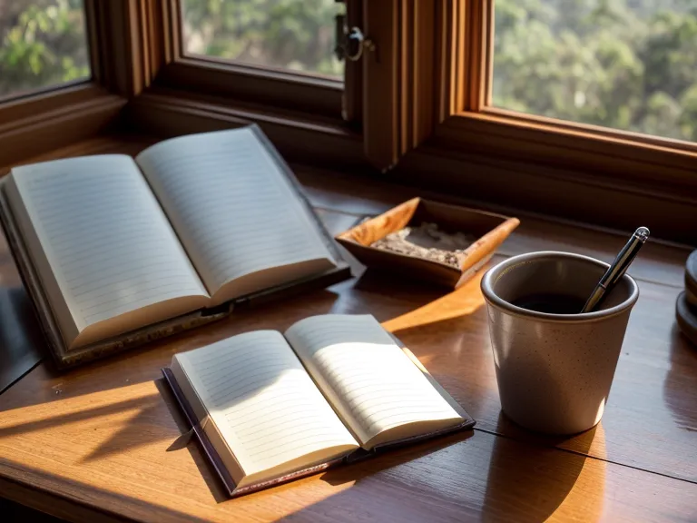 Libros de crecimiento espiritual junto al cuaderno violeta en una estantería de madera