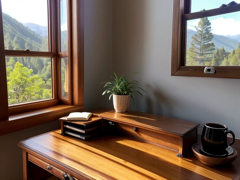 Luz de la mañana sobre una planta y un vaso de agua en el escritorio, ritual de bienestar digital y energía vital